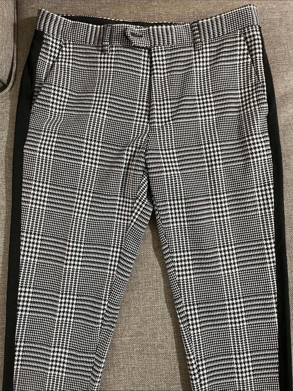 Men's Black & White Glen Plaid Dress skinny Pants with Black Side Stripe